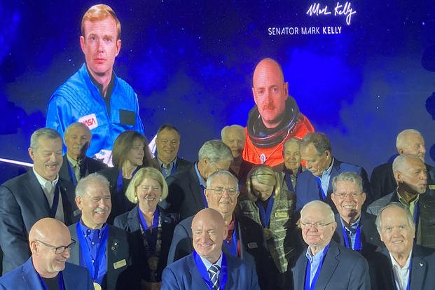 U.S. Sen. Mark Kelly (right) and retired Air Force Maj. Gen. Roy Bridges (left) were inducted into the U.S. Astronaut Hall of Fame during a ceremony at Kennedy Space Center Visitor Complex in Merritt Island, Florida.